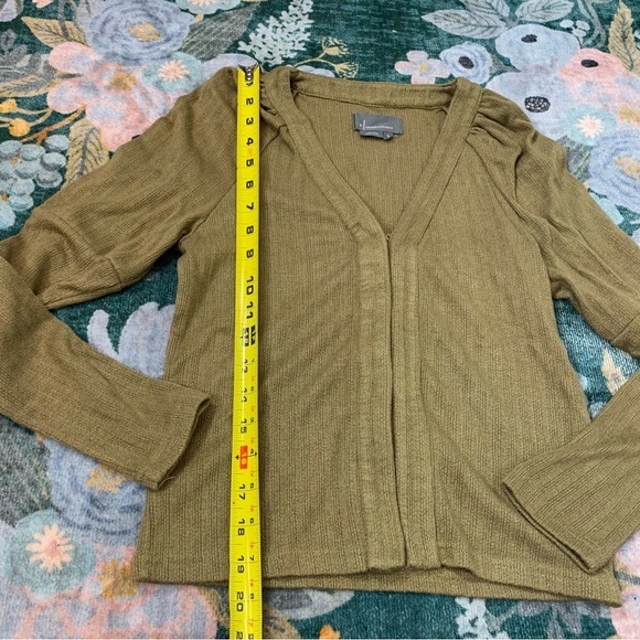 Anthropologie NEW Puff Sleeve Neutral Olive Green Lightweight Cardigan Sweater - Picture 12 of 15